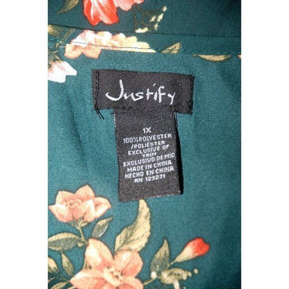 Justify Women's Blouse Size 1X Green Fall Floral 3/4 Roll Tab Sleeve Gold Tone - Picture 9 of 9